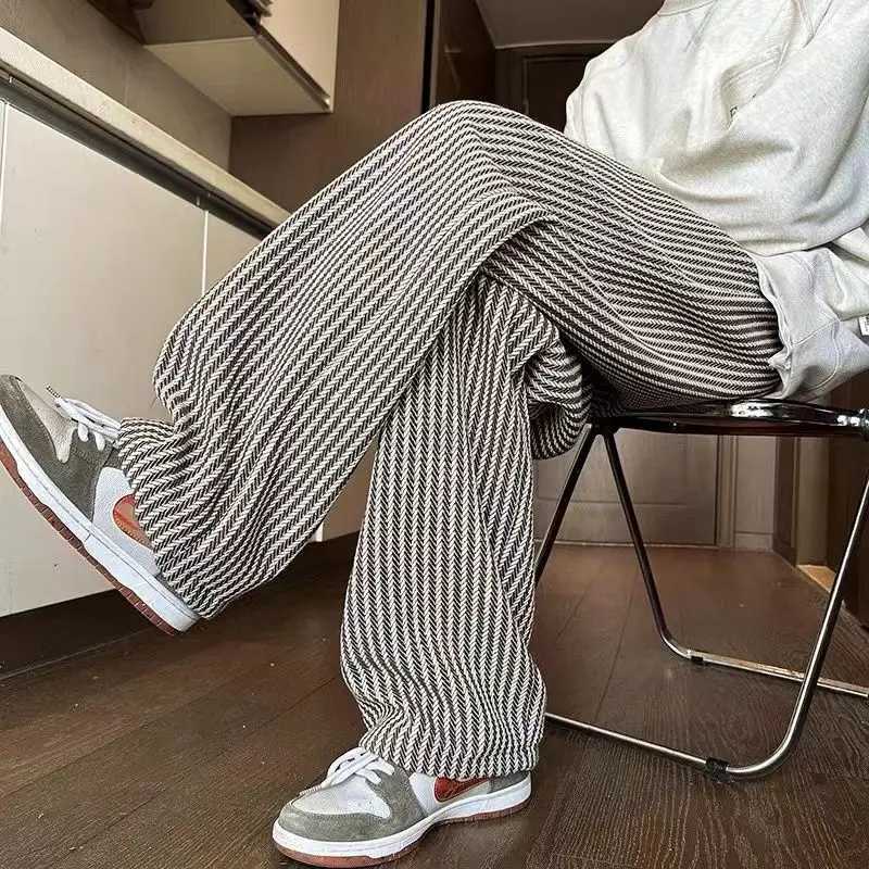 American retro black vertical striped casual pants for men and women trend lazy loose drawstring straight leg wide leg pants y2kXJ240813