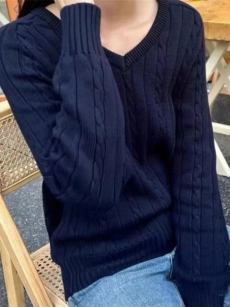 Causal Women Solid Color V-Neck Knit Sweaters Autumn Chic Elegant Long Sleeves Sweaters Vintage Female Loose Knitwear 240813
