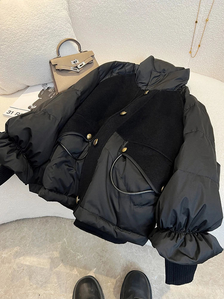 Black Padded Jacket Women Casual Loose Cotton Coat Winter Oversize Thick Warm Parkas Lady Fashion Super Stand Collar 240812