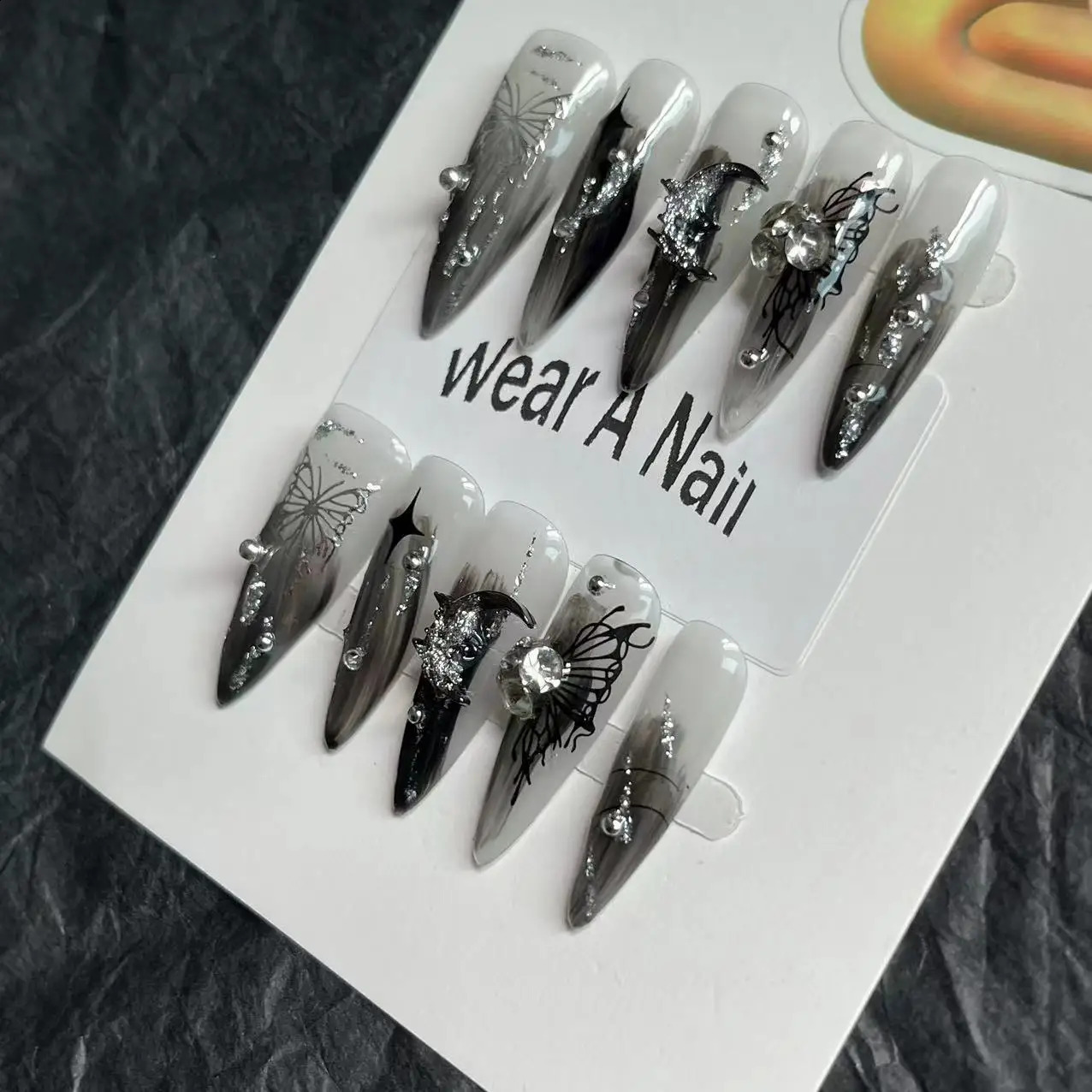 Handmade Punk Dark Long Stiletto Press on Nails Wearable Artificial With Art Full Cover Manicuree Rhinestone False Tips 240810