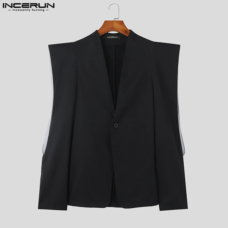 Mens Solid Collar Long Sleeve Single Button Irregular Set Street Clothing Hollow Fashion Thin Coat S5XL INCERUN 240812