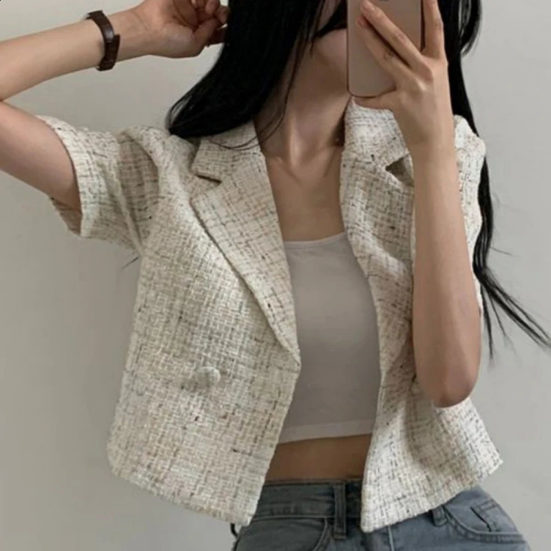 Summer Chic Elegant Suit Collar Autumn Womens Coat Double Row Two Buttons Loose Style Bubble Sleeve Tweed Short Female Jacket 240812