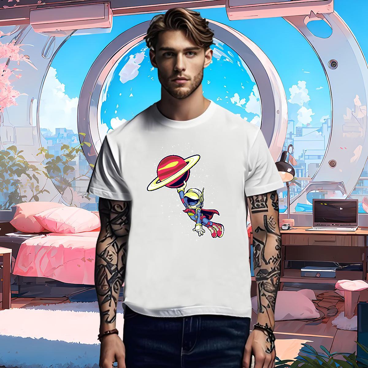 T Shirts Men 230g 100% Cotton cosmonaut Sport Breathable Short Sleeve Cartoon Print Men Tees New Designer Loose Fit Top Tees