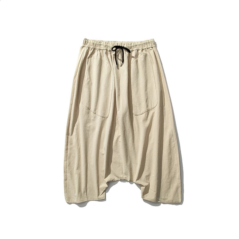 Summer mens plus size casual harem pants retro loose cotton linen wide leg pants mens elastic waist pants 240812