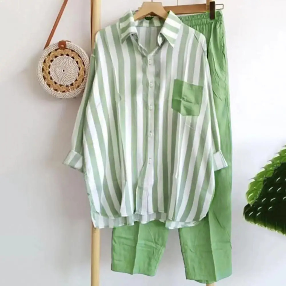 Stripe Long Sleeve Shirt Pants Set Summer Outfits For Women Tracksuit Chic Women Pants And Blouse Sets Female Two Piece Set 240813