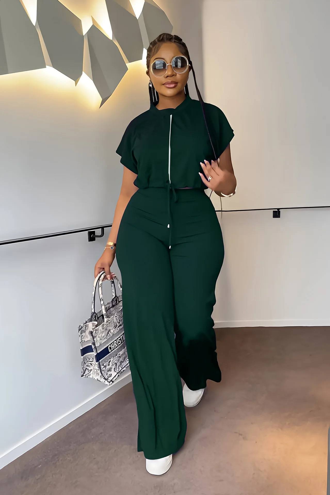 Summer Fashion Sports Style Two Piece Set for Women Casual Drawstring Top Split Wide Leg Pants Two Piece Set Women 240813