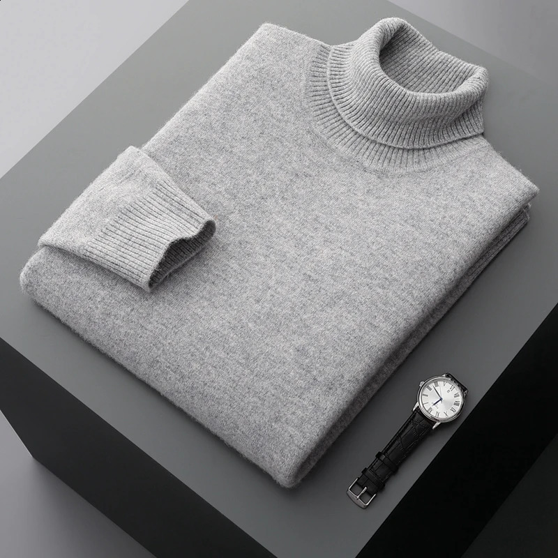 Autumn and Winter 100% Wool Bottom Shirt Mens Thick Collar Sweater Business Cashmere Knitted 240812