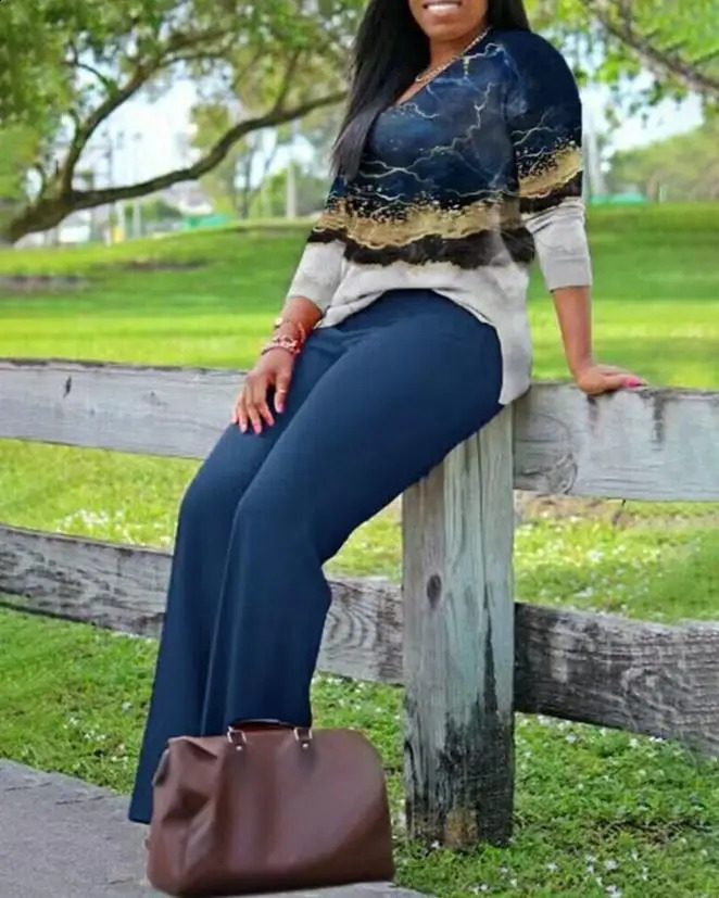 Two Piece Sets Womens Outifits Spring Fashion Marble Print V-Neck Long Sleeve Top Casual High Waist Daily Long Pants Set 240813