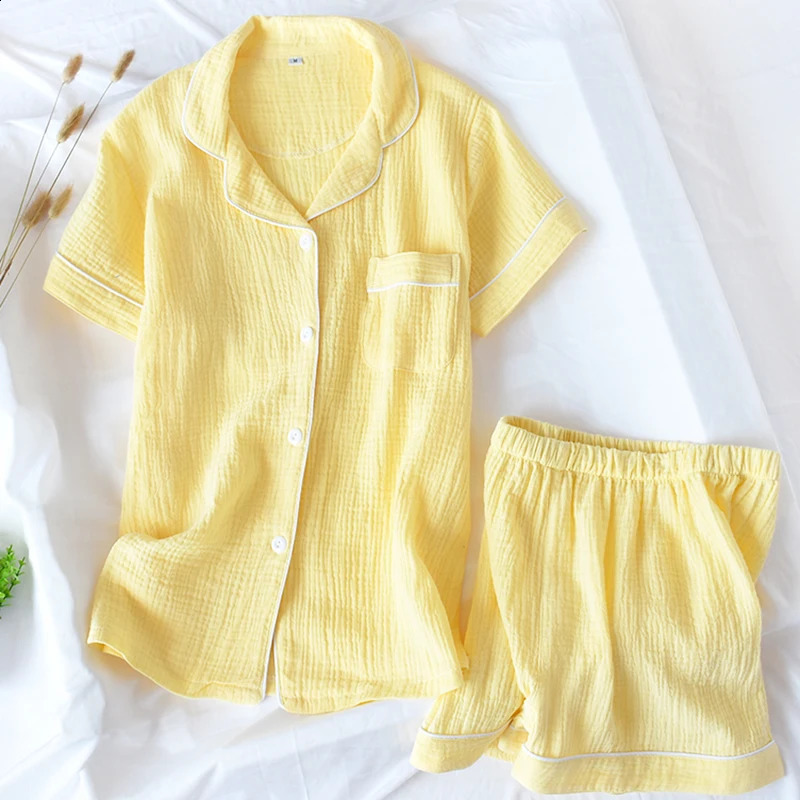 Summer Cotton Crepe Short-sleeved Shorts Pyjamas Women Solid Thin Sexy Pajamas Loungewear Sleepwear Pink Home Couple Pijamas 240813