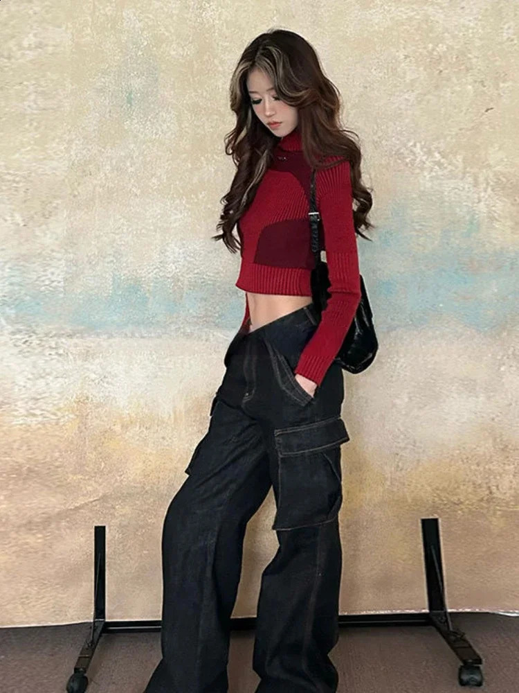 Y2k Aesthetic Contrast Color Casual Knitted Sweater Women Half High Collar Long Sleeve Crop Pullover Harajuku Sweet Sueter Mujer 240812