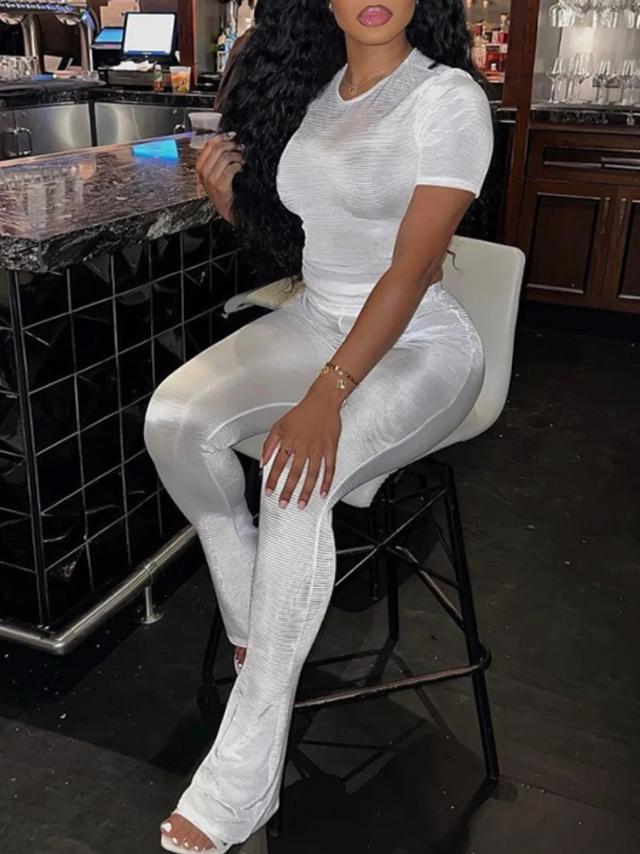 LW BASICS Round Neck Skinny Flared Pants Set Casual Spring Summer Solid Color Short Sleeve Boot Cut Two Pieces Outfit for Women 240813