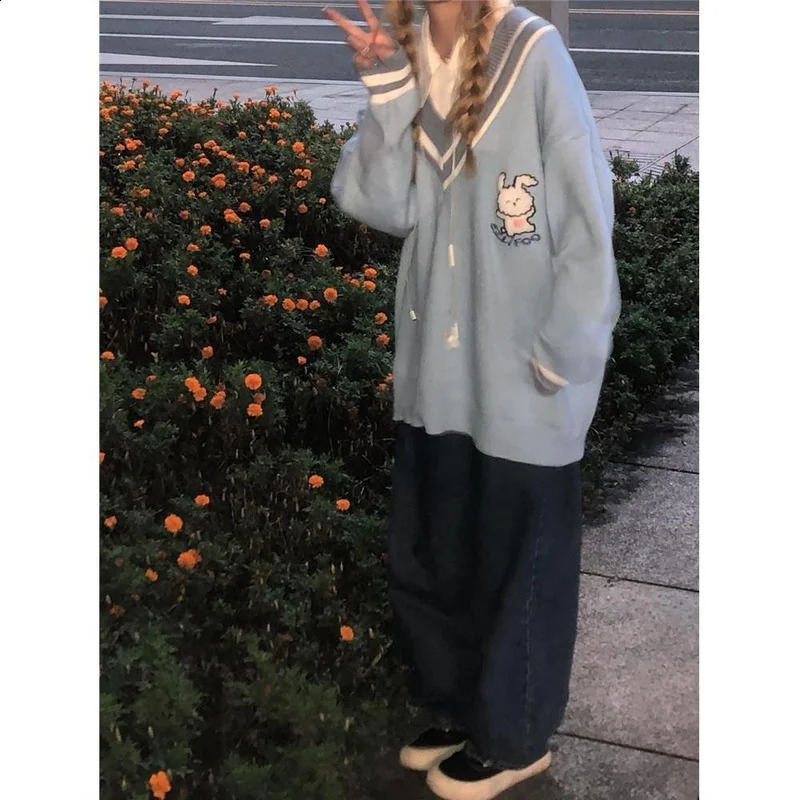 Deeptown Kawaii Cute Rabbit Blue Sweater Women Preppy Fashion Oversize Japanese Style Sweet School Girly Jumper Female Korean 240812