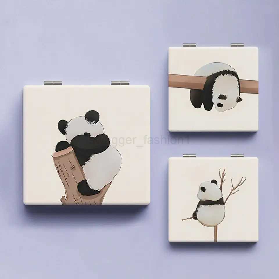 Cute Panda Pattern Makeup Mirror Double-Sided Mini Folding PU Mirror Cosmetic Tool Portable Square High-definition MirrorXJ240813