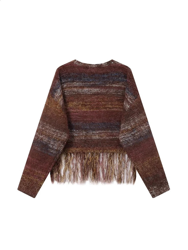 Womens Striped Cardigan Knitted Sweater Harajuku Y2k Long Sleeves V-Neck Tassel Sweater Jumper Vintage 2000s Aesthetic Clothes 240812