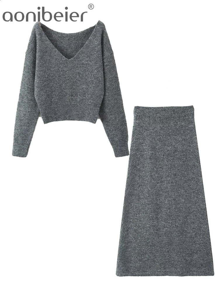 Aonibeier Grey Knitted Womens Set Traf Autumn Vneck Loose Sweater Pulley Top Elastic Waist Long Skirt 240809