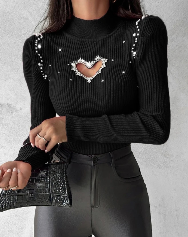 Tops for Women Winter Blouse Casual Solid Color Rhinestone Hollow Heart Knit Long Sleeve Pullover Skinny Sweater for Women 240813