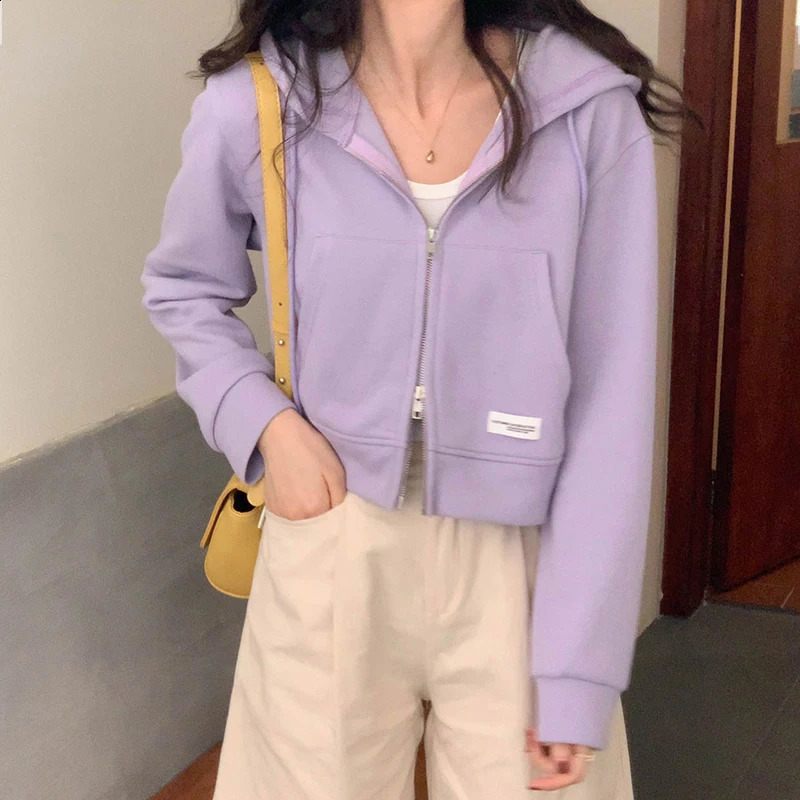 Gidyq Women Streetwear Sweatshirt Korean Fashion Double Zip Loose Hoodies Autumn Casual Female All Match Cropped Coats 240812