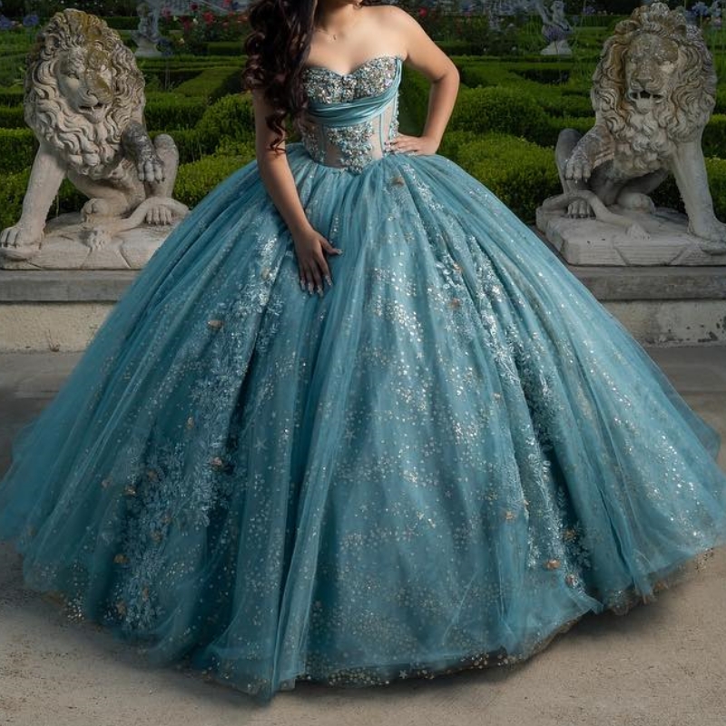 Water Blue Shiny Quinceanera Dress Sweet 16 Girl Sequined Beaded Applique Lace Tull Graduatin Party Prom Dress vestidos de 15 anos