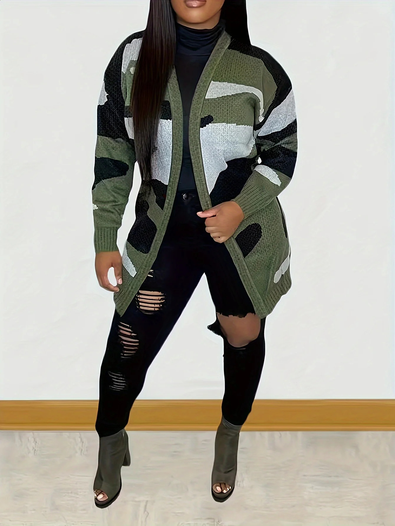 Womens Camo Open Front Cardigan Cozy Long Sleeve Sweater for Fall Winter 240812