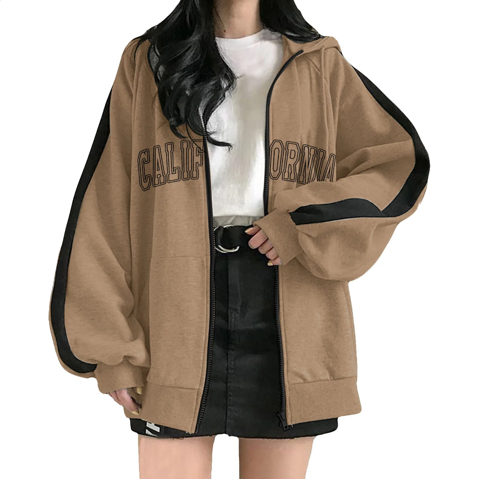 Women Hoodies Harajuku Hooded Oversized Hoodie Long Sleeve Sweatshirt Loose Letter California Print Zip-Up Tops Jacket Coats L2 240812