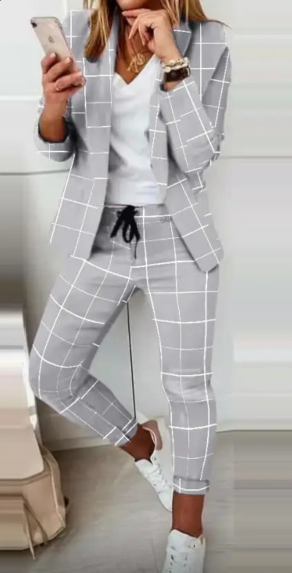 Office Two Piece Set for Women Shawl Collar Long Sleeve Daily Work Medium Stretch Plaid Print Blazer Drawstring Ol Pants Set 240813