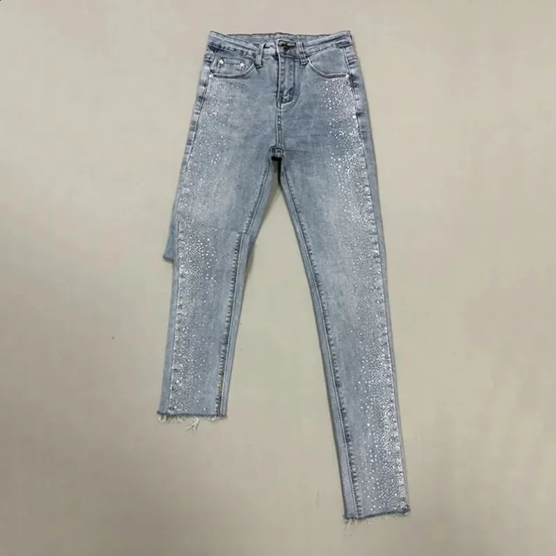 Fashion Rhinestone Jeans Female Spring And Summer Korean Version Of High Waist Slim Elastic Feet Pants Pencil Pants 240813