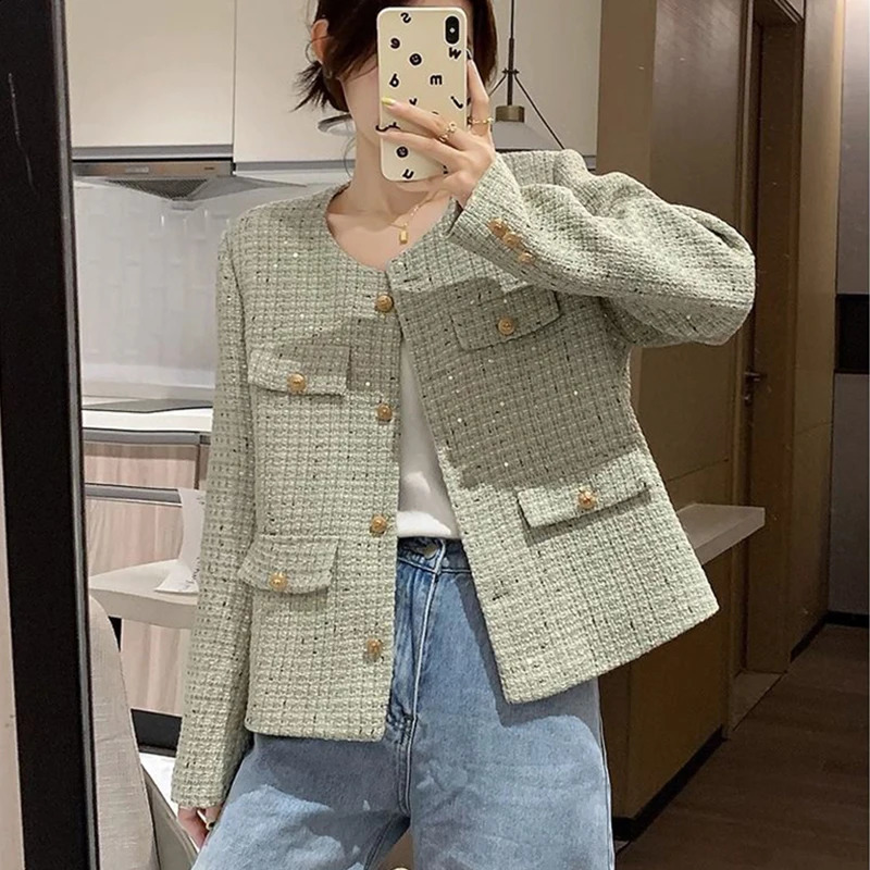 Hdspq Chic Striped Tweed Jackets Women Autumn Woman O Neck Long Sleeve Coats Woman with Pocket Korean Style Jacket Outwear 240812