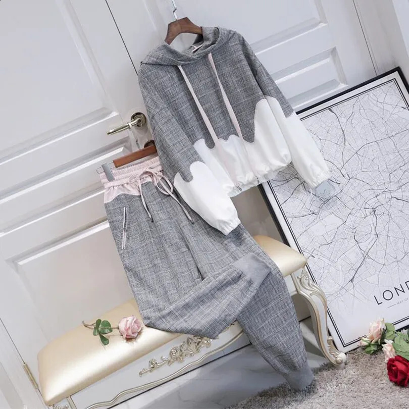 2024 Spring Grey White Spliced Hoodie Lace Up Pencil Pants Two Piece Set of Korean Style Female Student Sports Set Tracksuit 240813