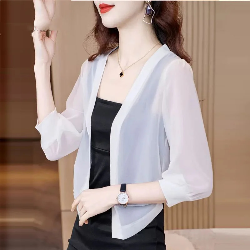 Summer Thin 3/4 Sleeve Coat Women Clothing Simplicity Solid Color Cardigan Ladies All-match Slim Top Tee Office Lady Chiffon 240812