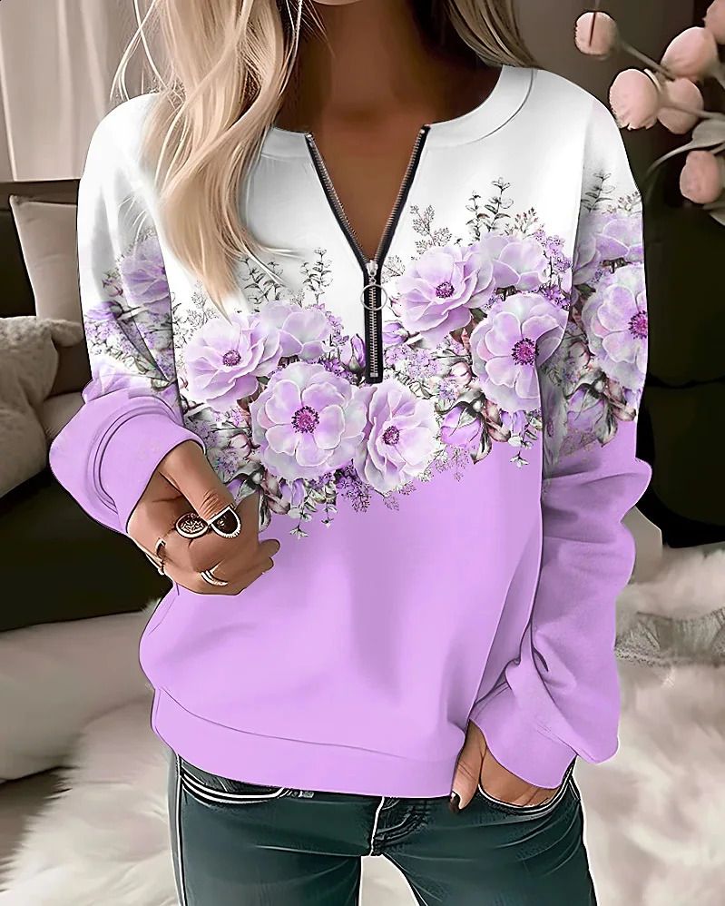 Womens Hoodies Women Fashion Floral Hoodies Flower Painting Sweatshirt Zip Up Hoodie Oversized Sudaderas Harajuku Coats Elegant 240813