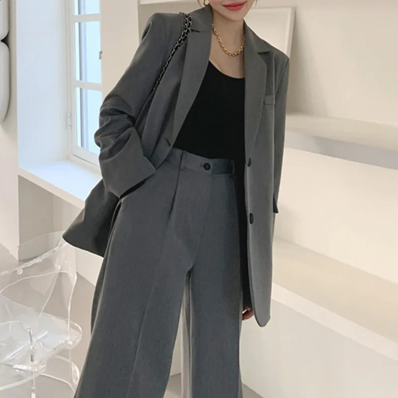 Autumn Office Womens Jacket Set Korean Loose Grey High Waist Wide Leg Pants 2piece 240812