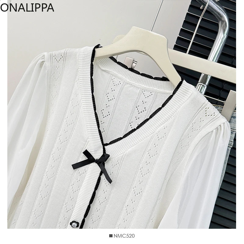 Onalippa Sweet Bow Hollow Out Knitted Cardigan Single Breasted Solid Long Sleeves Cardigans Preppy Style Loose Sweater Women 240812