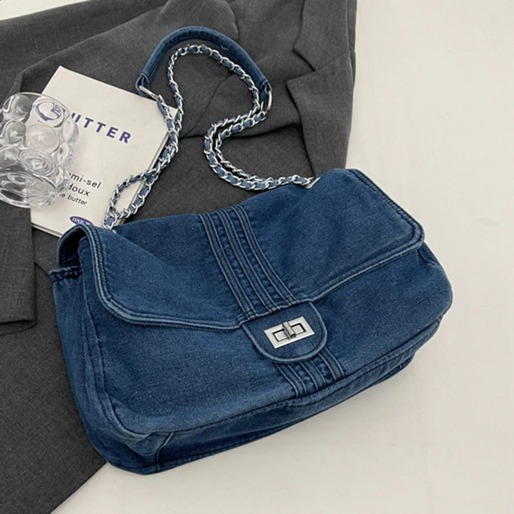 Blue denim canvas large casual handbag womens capacity travel metal chain messenger bag motorcycle 240813
