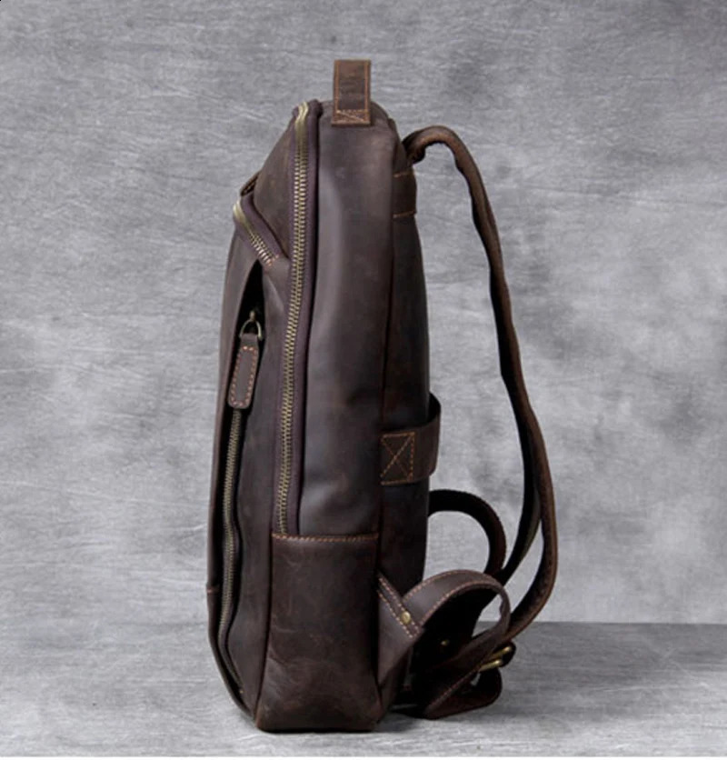 Vintage Crazy Horse genuine leather backpack for men laptop daily hiking Knapsack 240813