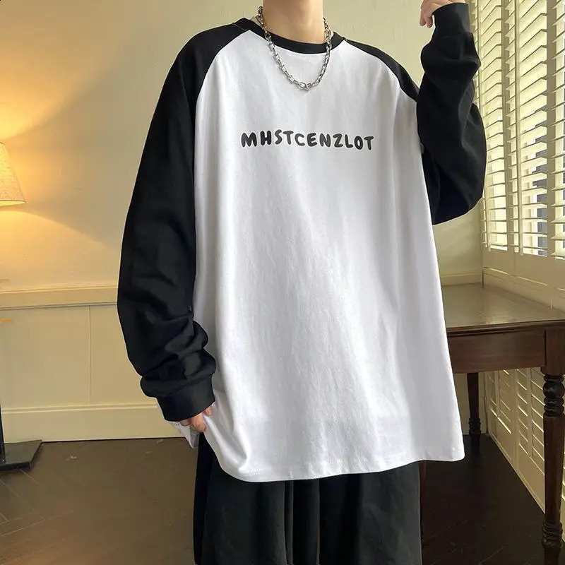 High Street Fashion Color Block Letter T-shirt Women Classic Long Sleeve O-collar Loose Handsome All-match Male Casual Top 240812