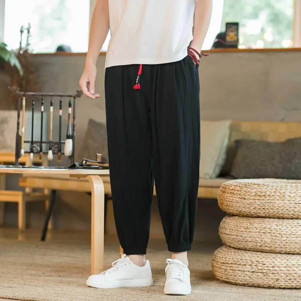 Mens Casual Solid Color Harem Pants Cotton and Linen Loose Oversize Beach Pants Jogger Sweatpants Male Wide Leg TrousersXJ240813