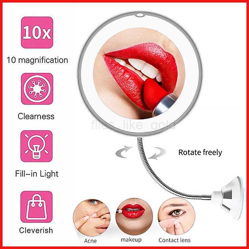 360 degree rotating 10X magnifying LED makeup mirror compact suction cup folding makeup mirror with LED light makeup tool W240813