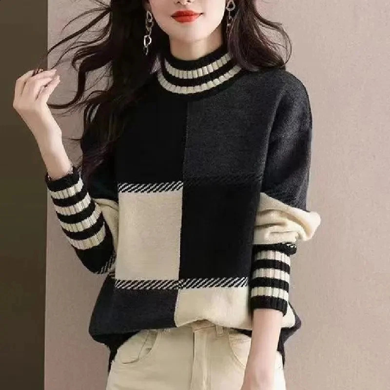 Womens Jumper Plaid Patchwork Turtleneck Sweater Autumn Winter Loose Casual Long Sleeve Thick Knitted Top Female Wool Knitwear 240812