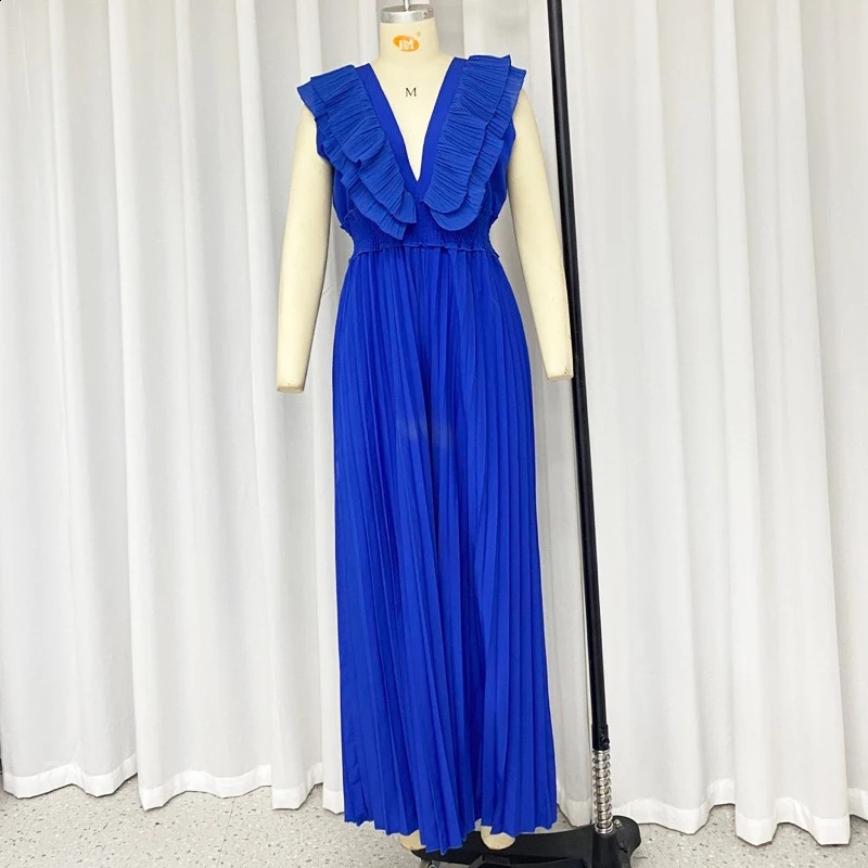 Wefads Jumpsuit Summer Elegant Women Solid Color Sleeveless V Neck Ruffled Backless Nipped Waist Wide Legs Loose Pleated Rompers 240813