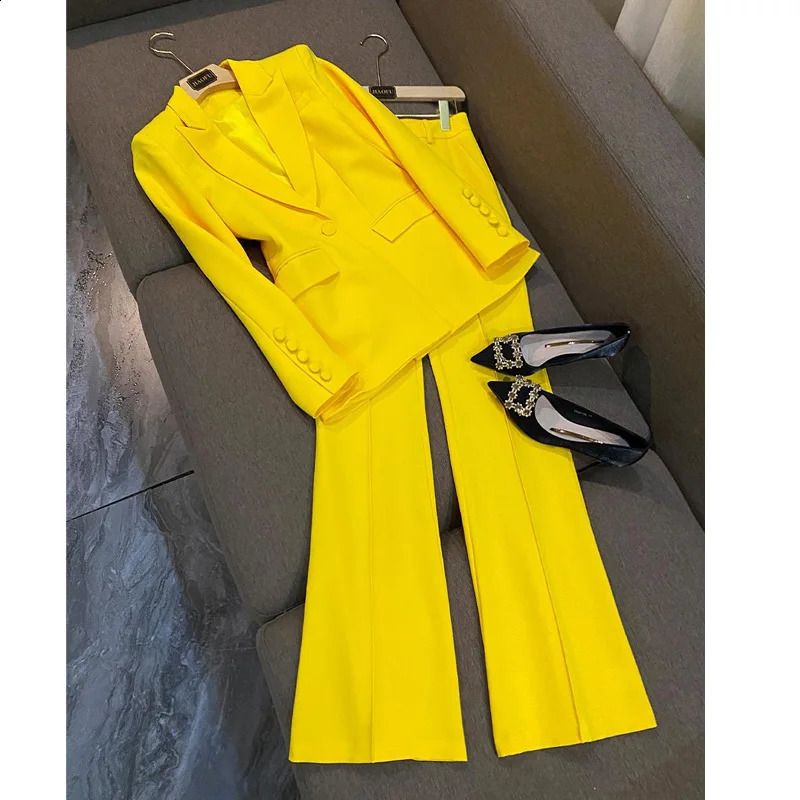 All season Lemon Yellow Office Womens Set Double layered Long sleeved Trailblazer Flared Pants Solid Two piece 240812