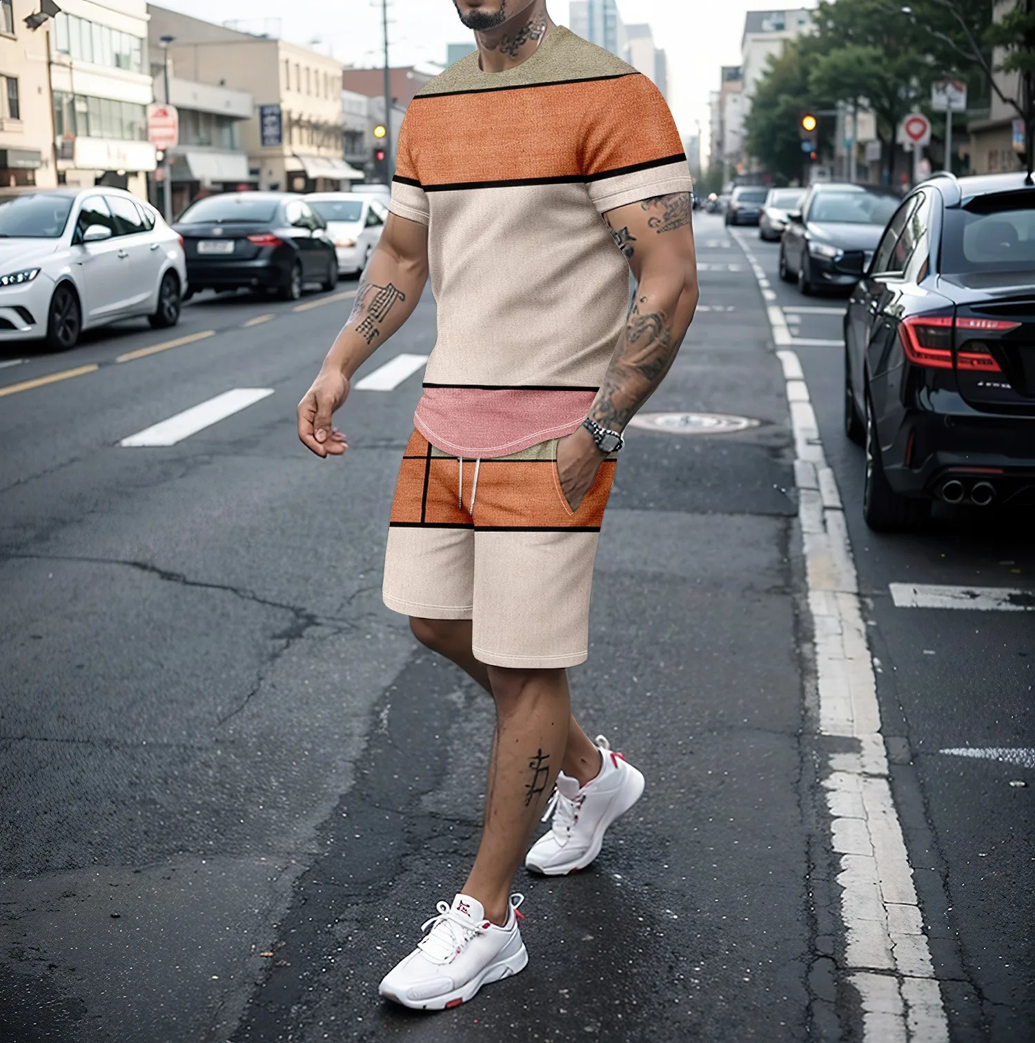 Plus size mens novel 3D line splicing T-shirt shorts summer set street cool two-piece set suitable for large and tall men S-5XL 240813