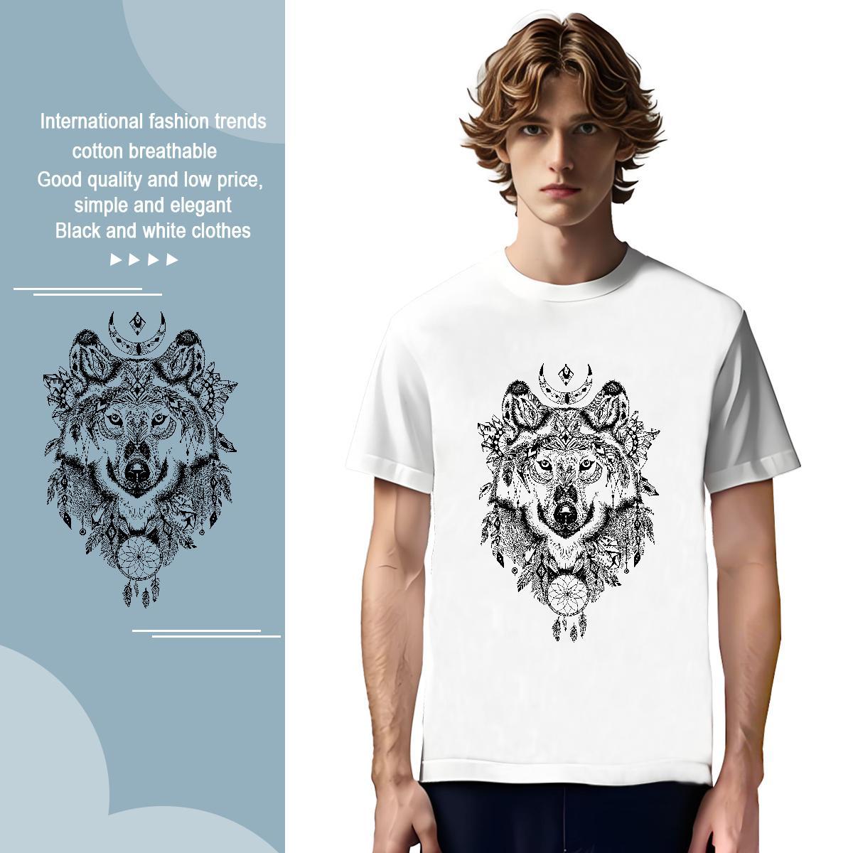 Unisex Mens T Shirts wolf O-Neck Short Sleeve Hip Hop Street Black White 230g Pure Cotton Mens Tshirts Fashion New Tee Shirt