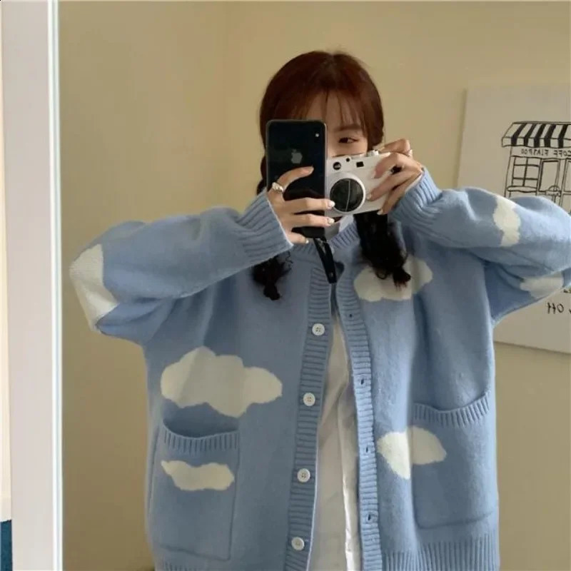 Korean Sweet Blue Sky Cloud Y2k Cardigan Women Preppy Style Loose Knitted Sweaters Coats O Neck Fashion Pockets Pull Femme 240812