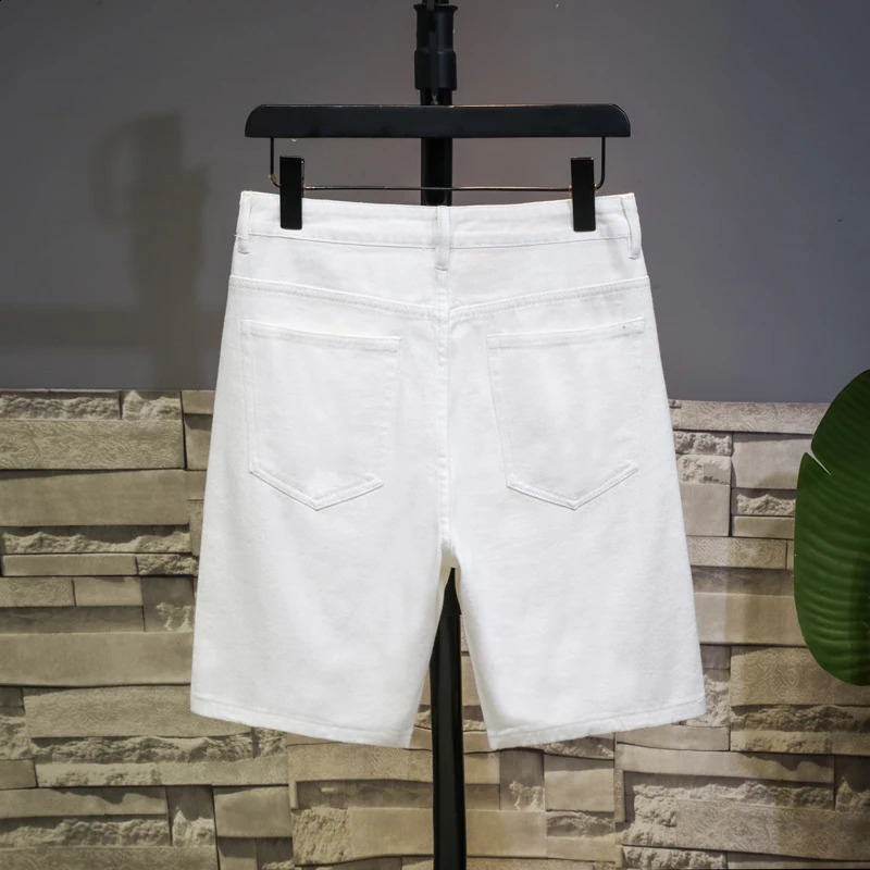 white denim shorts mens tear hole twisted knee length classic simple and fashionable casual slim fit highquality 240812