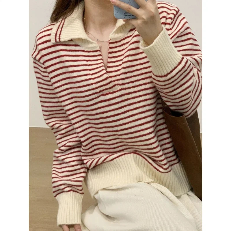 Versatile Striped Top Long Sleeve Knitted Sweater Preppy Style Loose Fit Slimming For Women Arrival Korean Version 240812