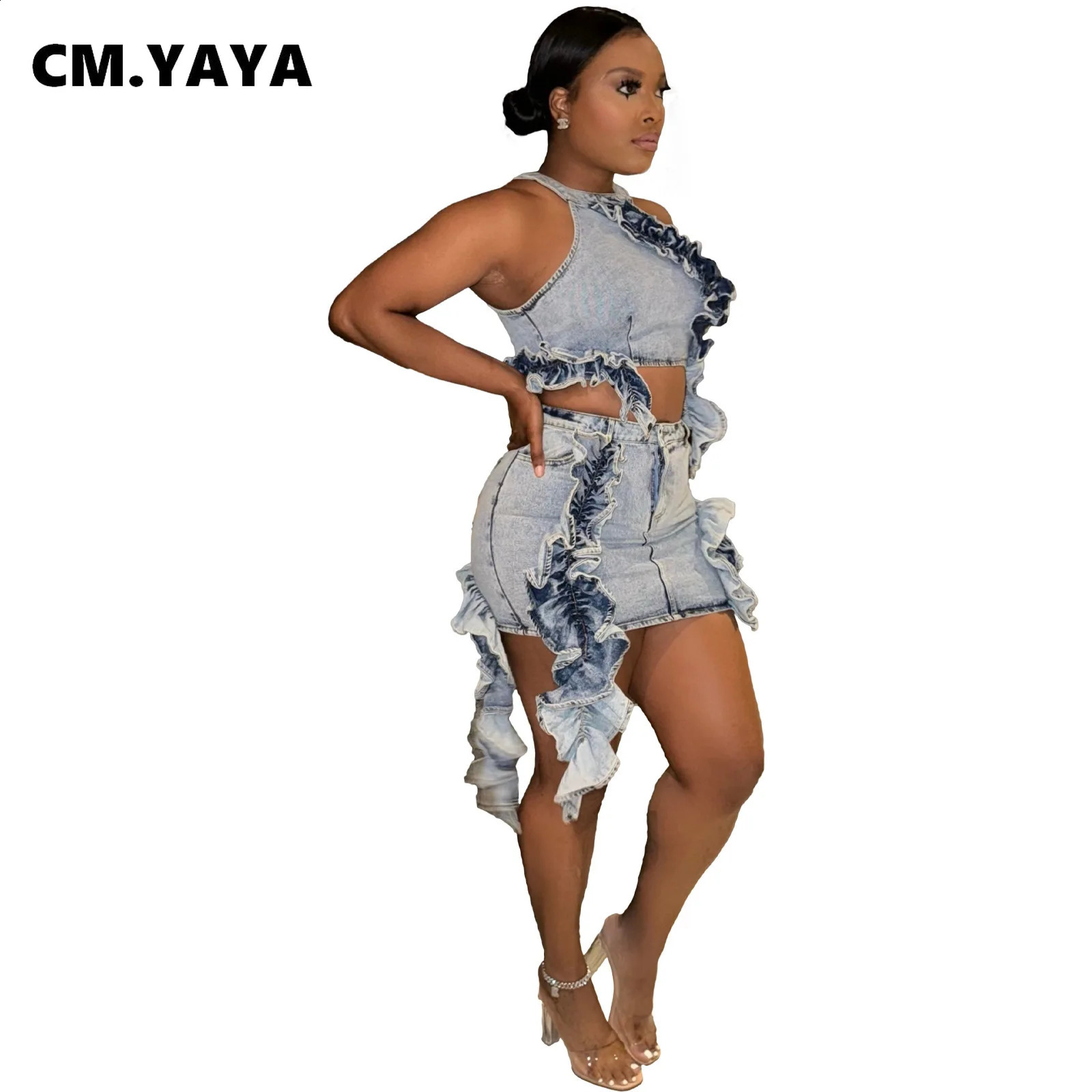 CM.YAYA Denim Womens Set Sleeveless Selvedge Elastic Washed Crop Top Mini Skirts Two 2 Piece Sets Outfits Street Tracksuit 240812