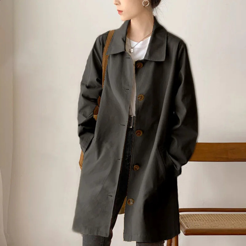 Fashion Lapel Button Spliced Pockets Casual Coats Female Clothing Autumn Loose All-match Tops Solid Color Korean Trench 240813