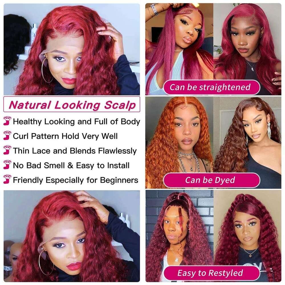 13X4 Deep Wave HD Transparent 99J Front Wigs 28 Inch Lace Frontal Prepluck Human Hair Wig