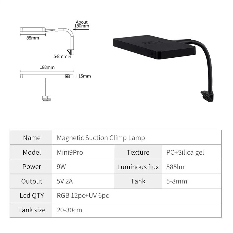 Mini 9Pro Aquarium Light Plant Grow Full Spectrum LED Magnetic Base Ecology Microlandscape Clip Light Nano Aquarium Light 240812