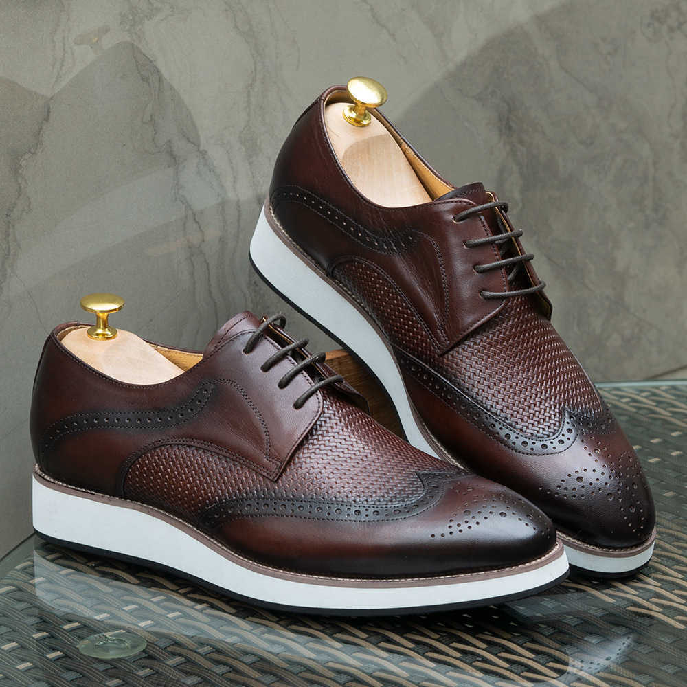 CMM New Trendy Mens Leather Casual Pointed Derby Shoes Mens Woven Pattern Low Top Mens Leather Shoes